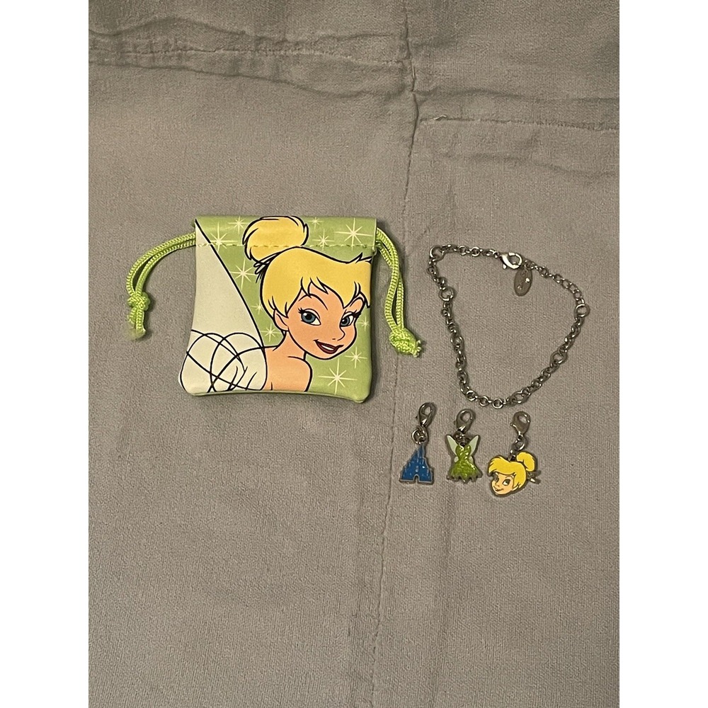 Walt Disney Parks Tinker Bell Clip On Charm Bracelet - Bracelet 3 Charms & Pouch